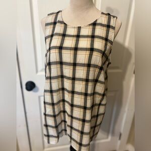 J. Jill Plaid Sleeveless Tank Top Split Back White Tan Gray, Size M